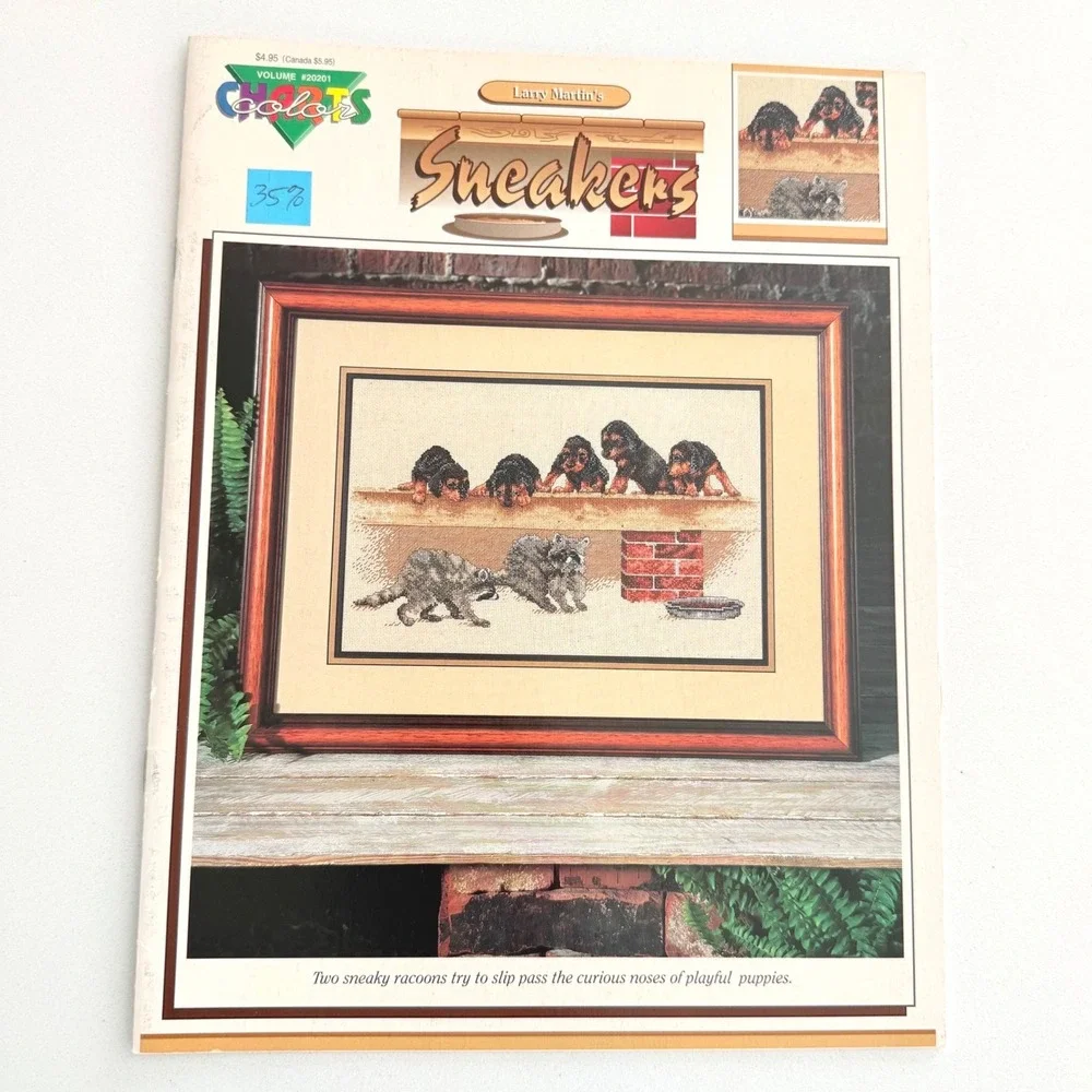 Lot 2 Vintage Cross Stitch Pattern Books Animals Puppies Raccoons Bobcats